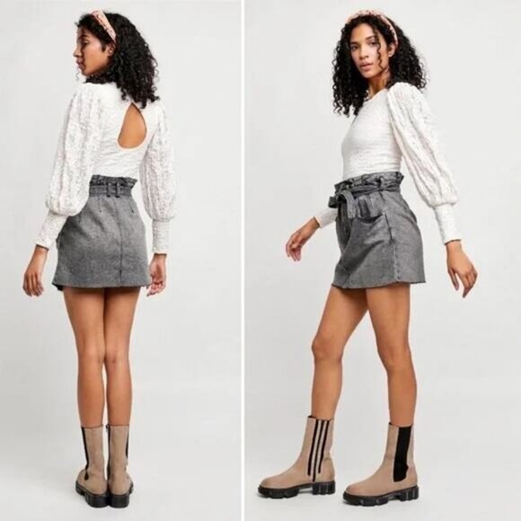 Free People East Of Eden Paperbag Denim Skirt In Washed Black Size 26 - Picture 2 of 9